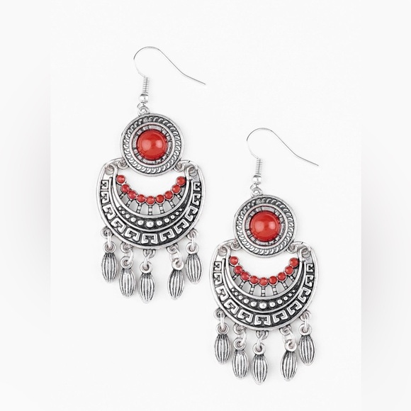 Paparazzi Mantra to Mantra Red stone dangle earrings with silver charms nwt - Picture 1 of 2
